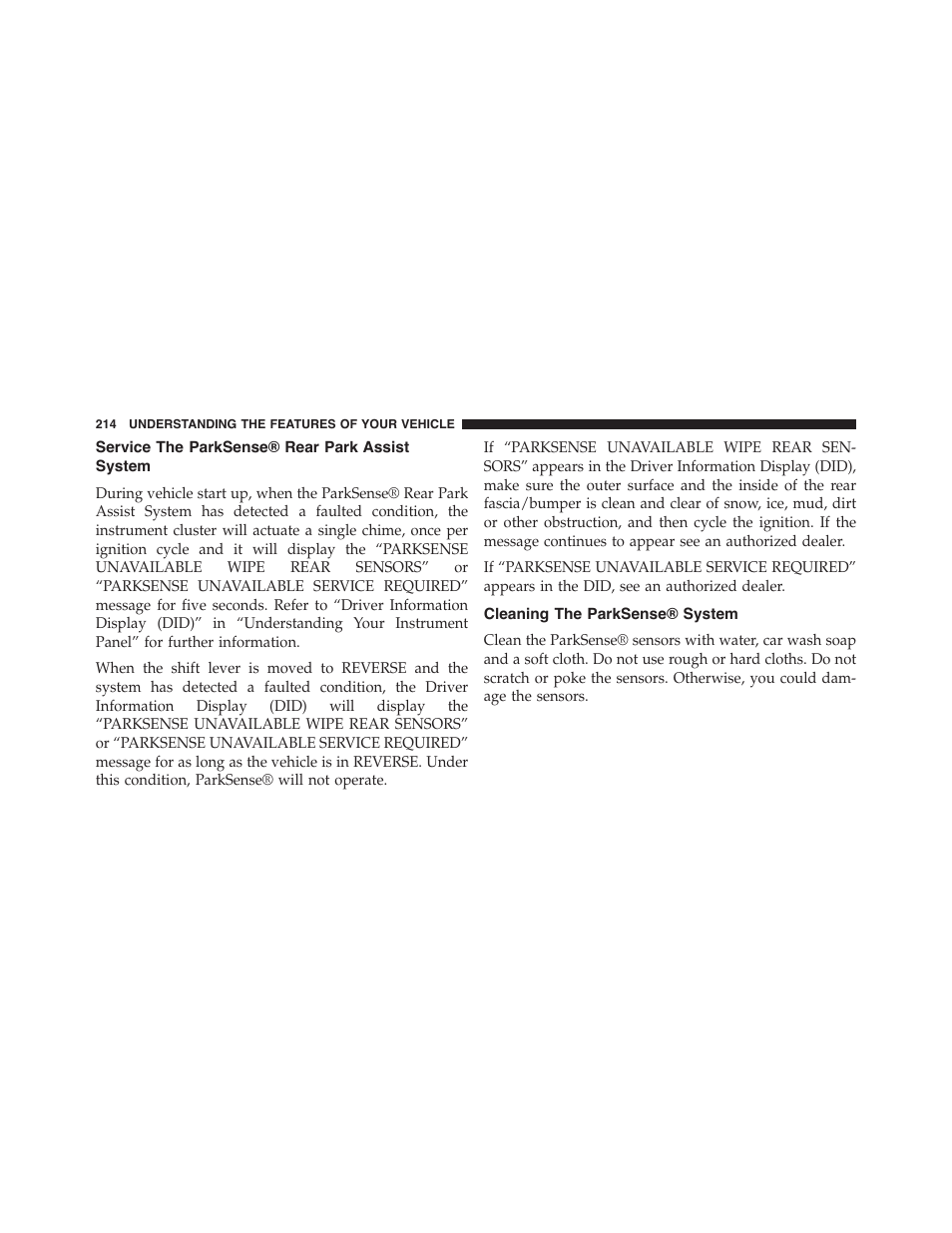 Service the parksense® rear park assist system, Cleaning the parksense® system, Service the parksense® rear park assist | System | Dodge 2015 Charger-SRT - Owner Manual User Manual | Page 216 / 595