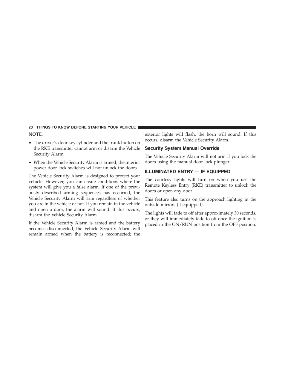 Security system manual override, Illuminated entry — if equipped | Dodge 2015 Charger-SRT - Owner Manual User Manual | Page 22 / 595