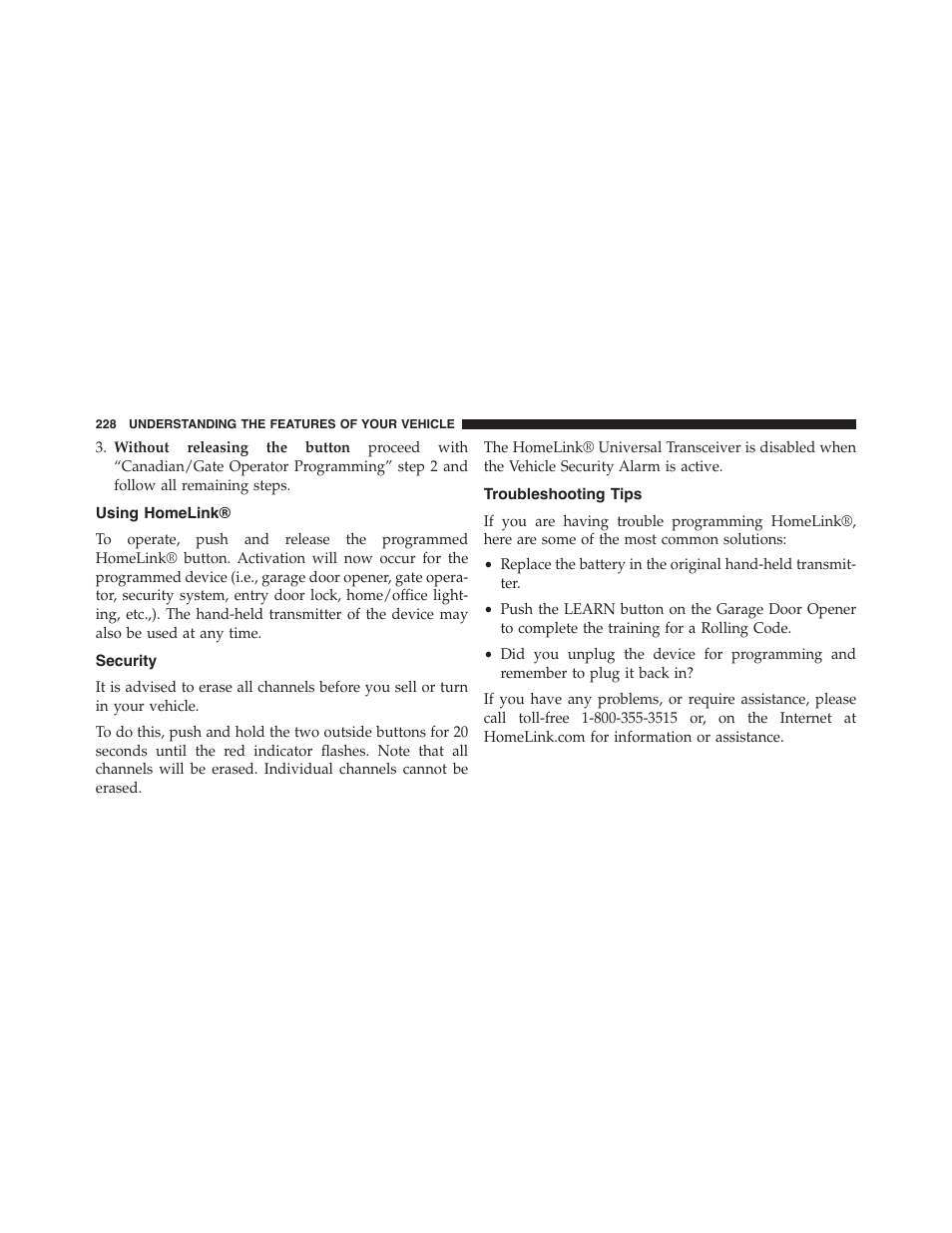 Using homelink, Security, Troubleshooting tips | Dodge 2015 Charger-SRT - Owner Manual User Manual | Page 230 / 595