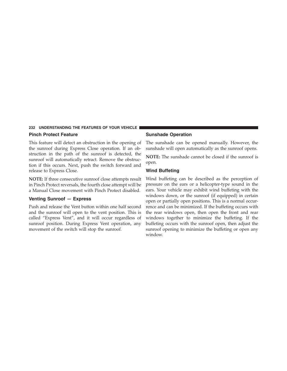 Pinch protect feature, Venting sunroof — express, Sunshade operation | Wind buffeting | Dodge 2015 Charger-SRT - Owner Manual User Manual | Page 234 / 595