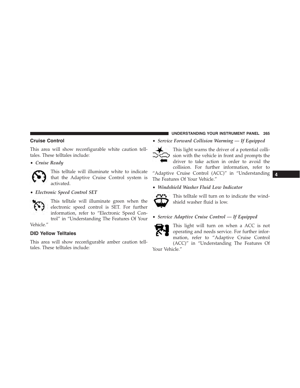 Cruise control, Did yellow telltales | Dodge 2015 Charger-SRT - Owner Manual User Manual | Page 267 / 595
