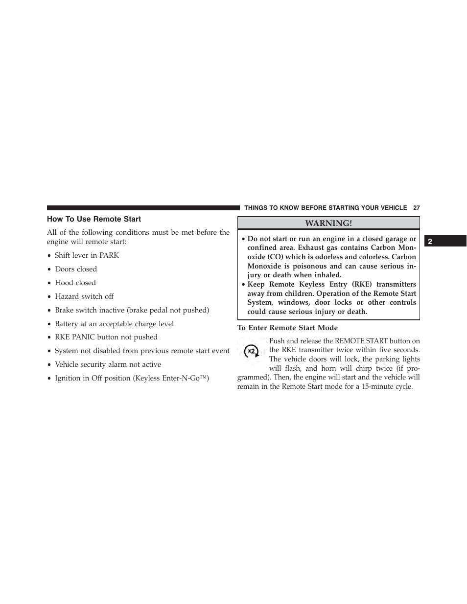 How to use remote start, To enter remote start mode | Dodge 2015 Charger-SRT - Owner Manual User Manual | Page 29 / 595