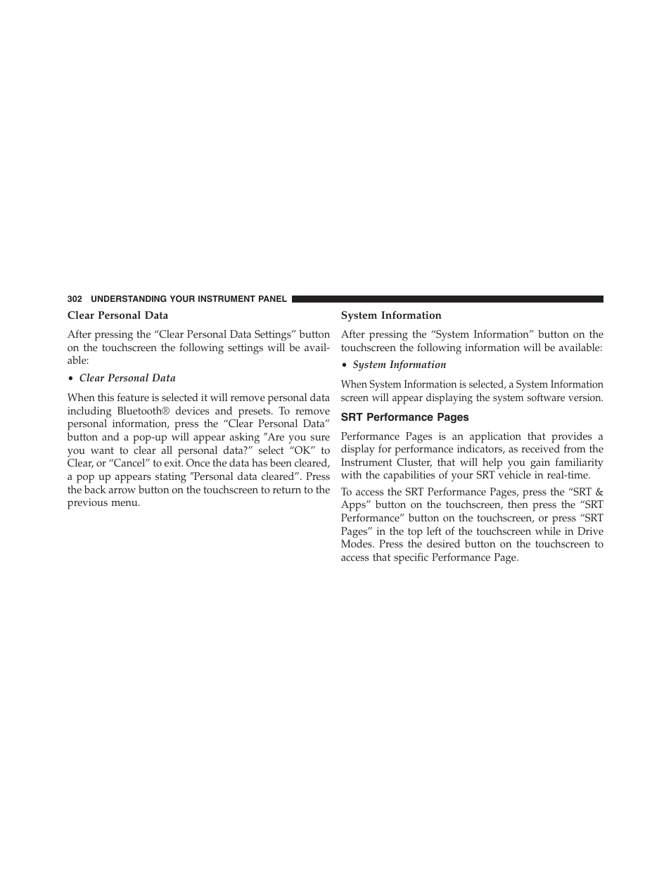 Clear personal data, System information | Dodge 2015 Charger-SRT - Owner Manual User Manual | Page 304 / 595