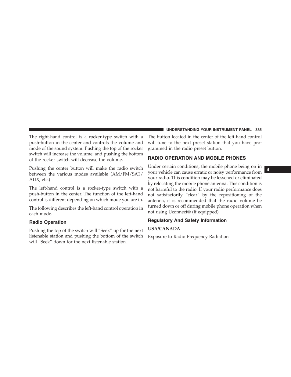 Radio operation, Radio operation and mobile phones, Regulatory and safety information | Dodge 2015 Charger-SRT - Owner Manual User Manual | Page 337 / 595