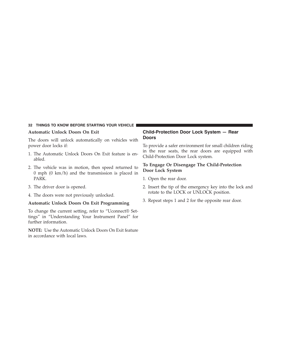 Automatic unlock doors on exit, Automatic unlock doors on exit programming, Child-protection door lock system — rear doors | Child-protection door lock system, Rear doors | Dodge 2015 Charger-SRT - Owner Manual User Manual | Page 34 / 595