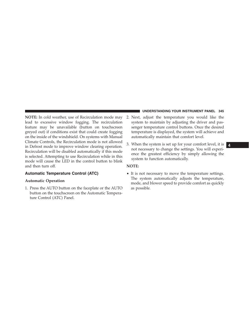 Automatic temperature control (atc), Automatic operation | Dodge 2015 Charger-SRT - Owner Manual User Manual | Page 347 / 595