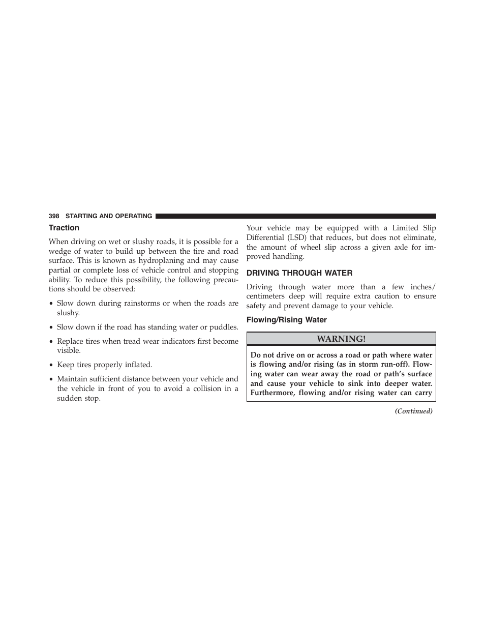Traction, Driving through water, Flowing/rising water | Dodge 2015 Charger-SRT - Owner Manual User Manual | Page 400 / 595