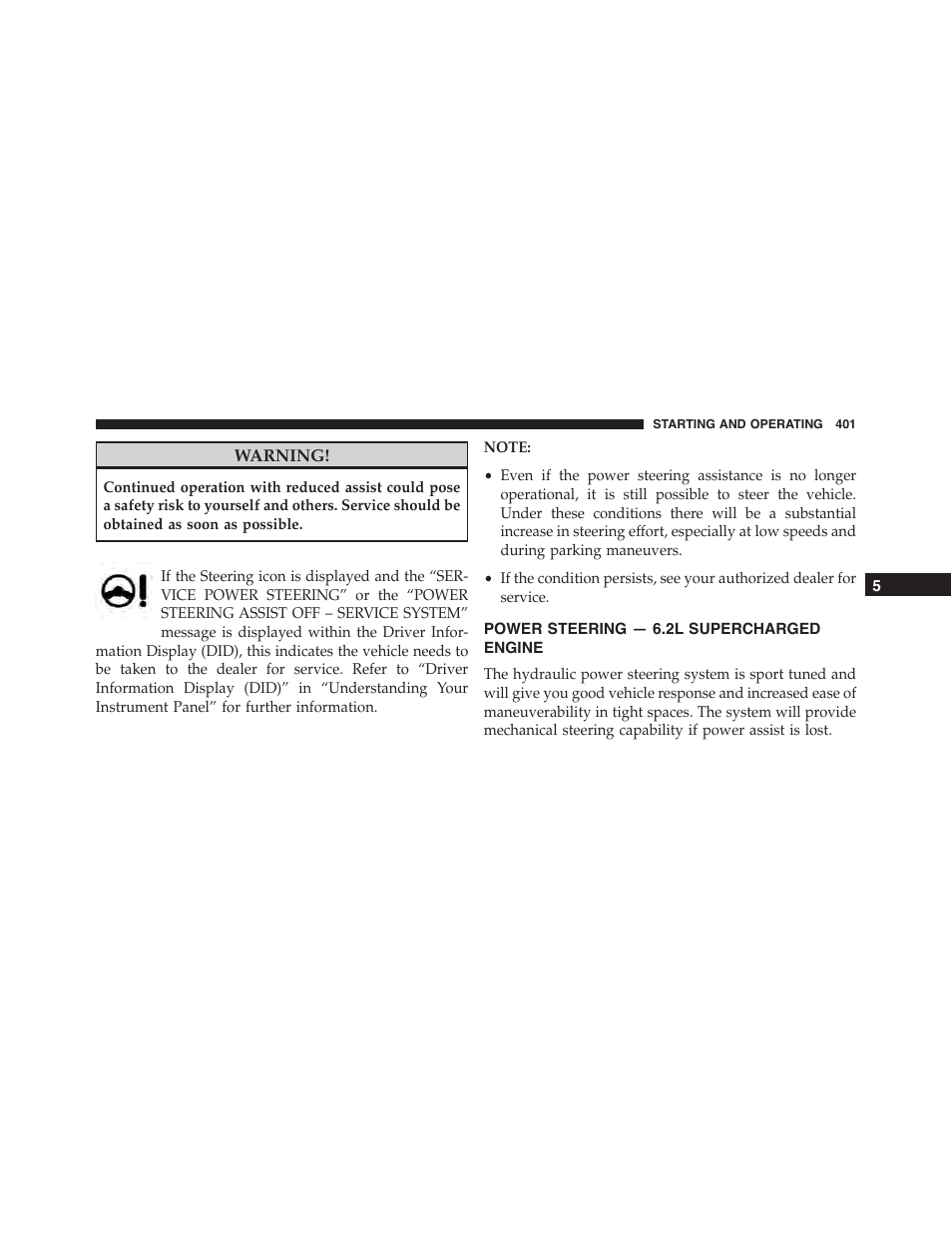 Power steering — 6.2l supercharged engine, Power steering — 6.2l supercharged, Engine | Dodge 2015 Charger-SRT - Owner Manual User Manual | Page 403 / 595