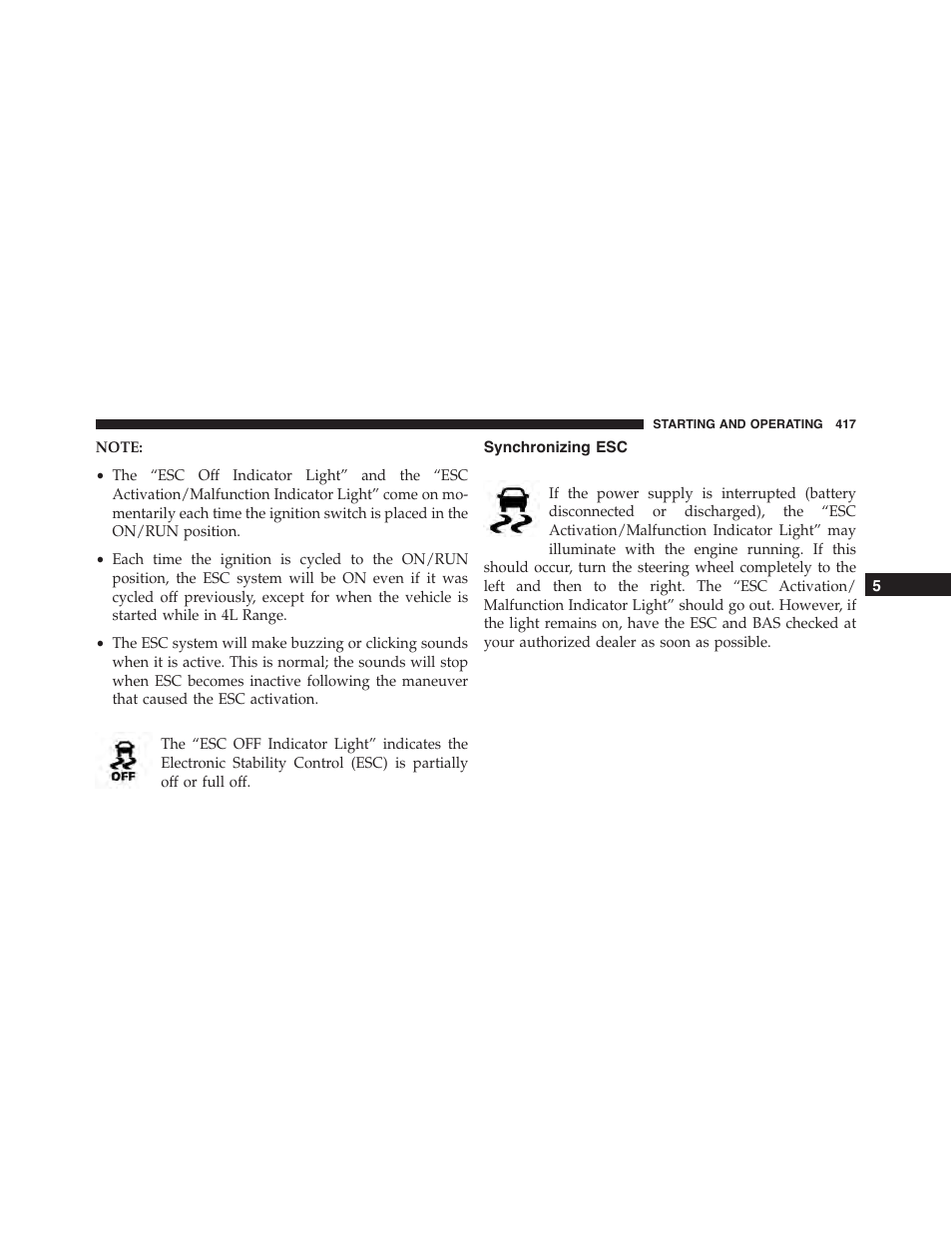 Synchronizing esc | Dodge 2015 Charger-SRT - Owner Manual User Manual | Page 419 / 595