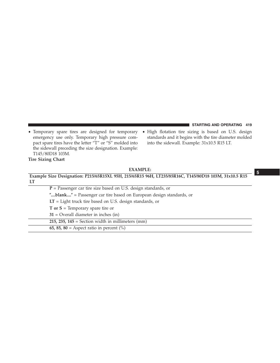 Tire sizing chart | Dodge 2015 Charger-SRT - Owner Manual User Manual | Page 421 / 595