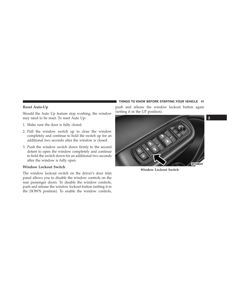 Reset auto-up, Window lockout switch | Dodge 2015 Charger-SRT - Owner Manual User Manual | Page 43 / 595