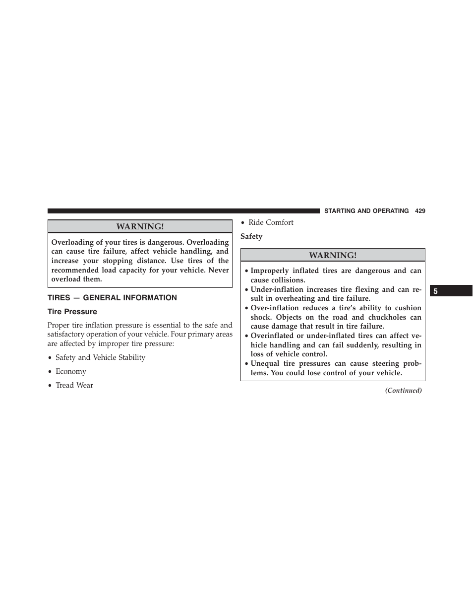 Tires — general information, Tire pressure, Safety | Dodge 2015 Charger-SRT - Owner Manual User Manual | Page 431 / 595