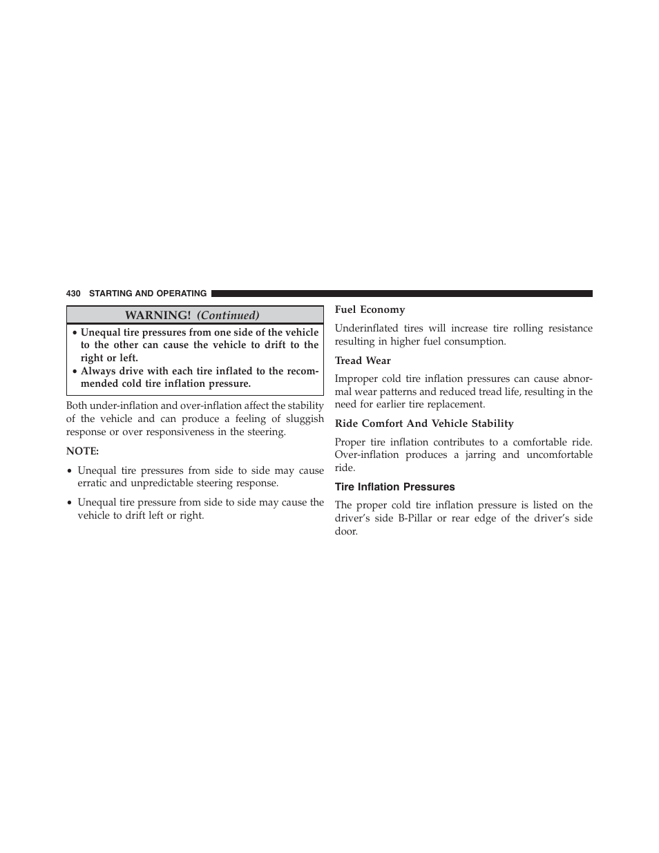 Fuel economy, Tread wear, Ride comfort and vehicle stability | Tire inflation pressures | Dodge 2015 Charger-SRT - Owner Manual User Manual | Page 432 / 595