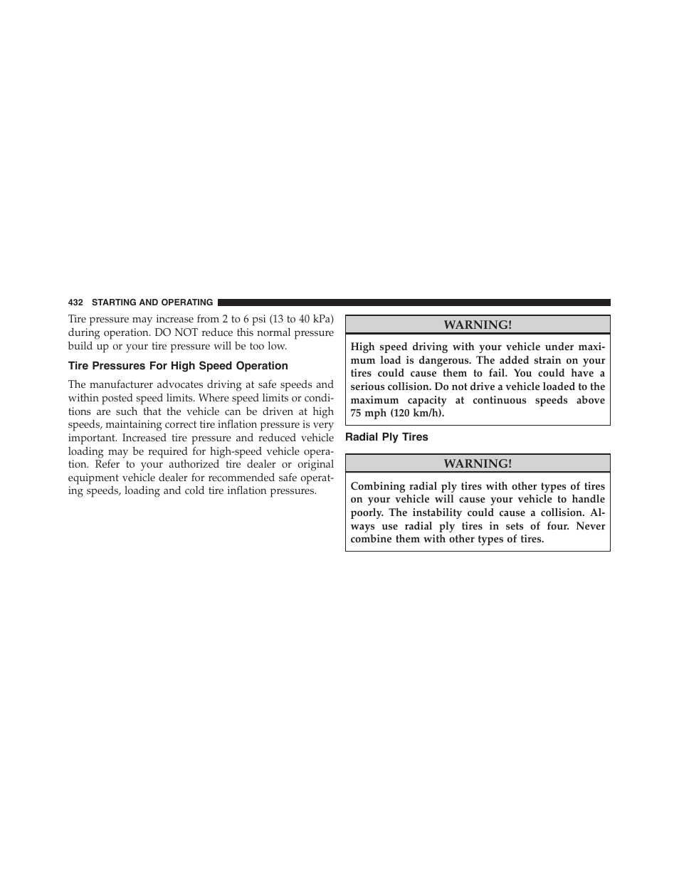 Tire pressures for high speed operation, Radial ply tires | Dodge 2015 Charger-SRT - Owner Manual User Manual | Page 434 / 595