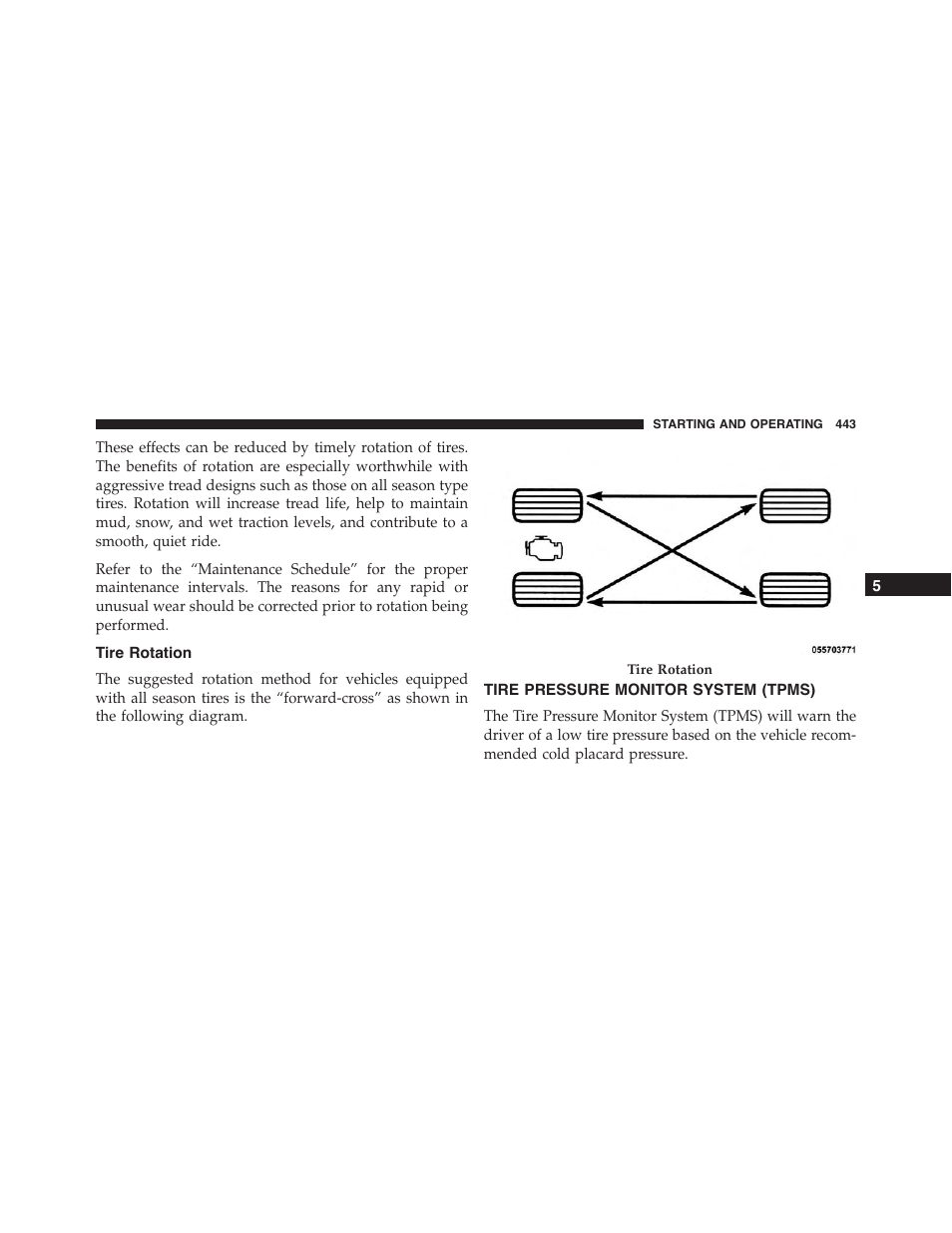 Tire rotation, Tire pressure monitor system (tpms) | Dodge 2015 Charger-SRT - Owner Manual User Manual | Page 445 / 595