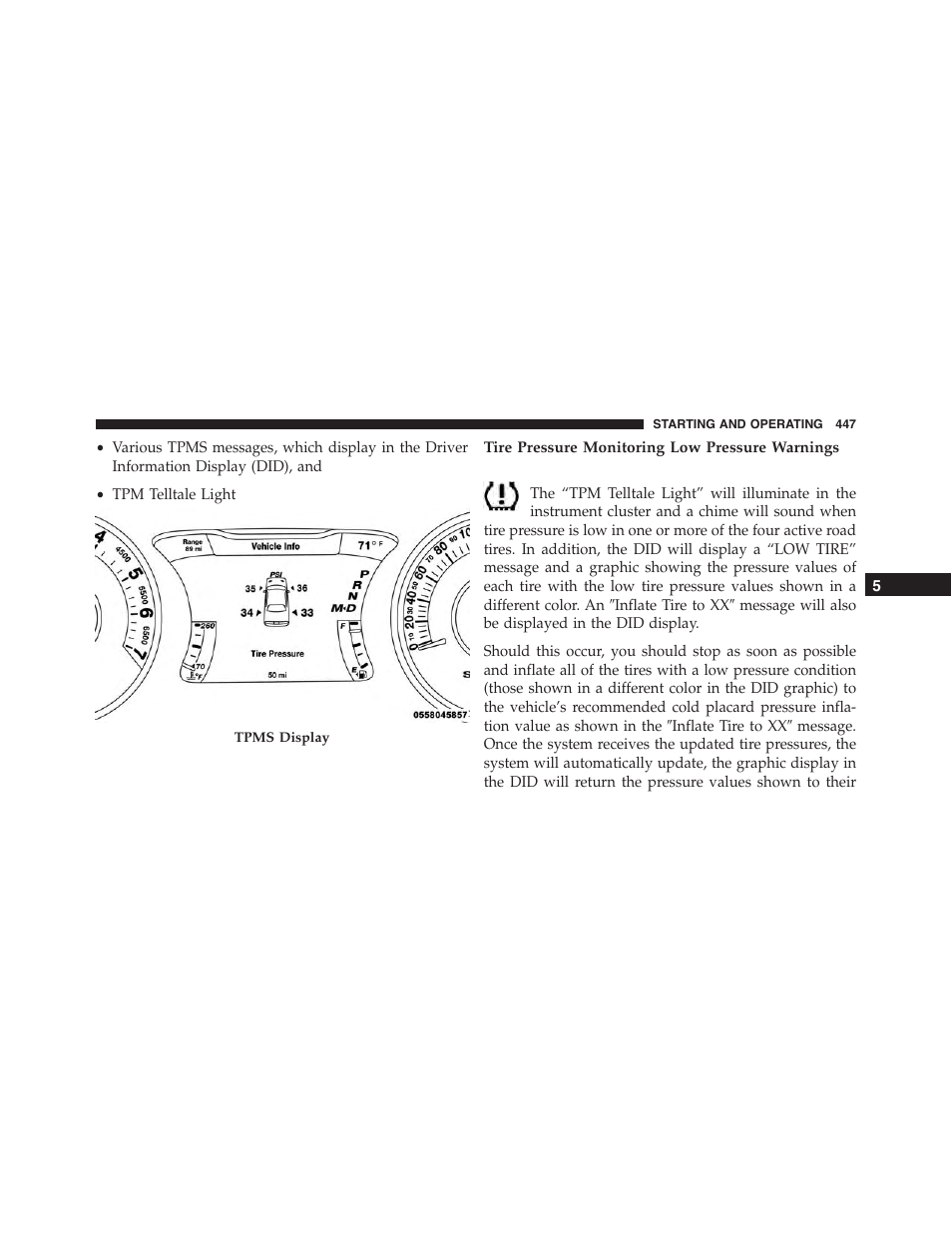 Tire pressure monitoring low pressure warnings | Dodge 2015 Charger-SRT - Owner Manual User Manual | Page 449 / 595