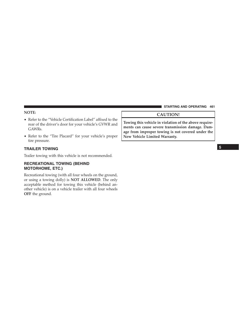 Trailer towing, Recreational towing (behind motorhome, etc.), Recreational towing (behind | Motorhome, etc.) | Dodge 2015 Charger-SRT - Owner Manual User Manual | Page 463 / 595