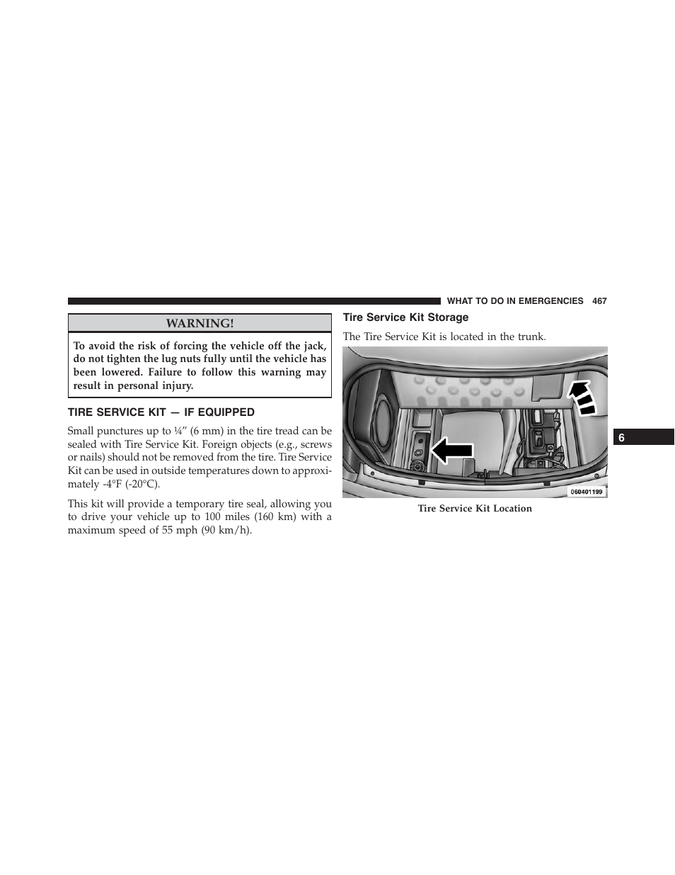 Tire service kit — if equipped, Tire service kit storage | Dodge 2015 Charger-SRT - Owner Manual User Manual | Page 469 / 595