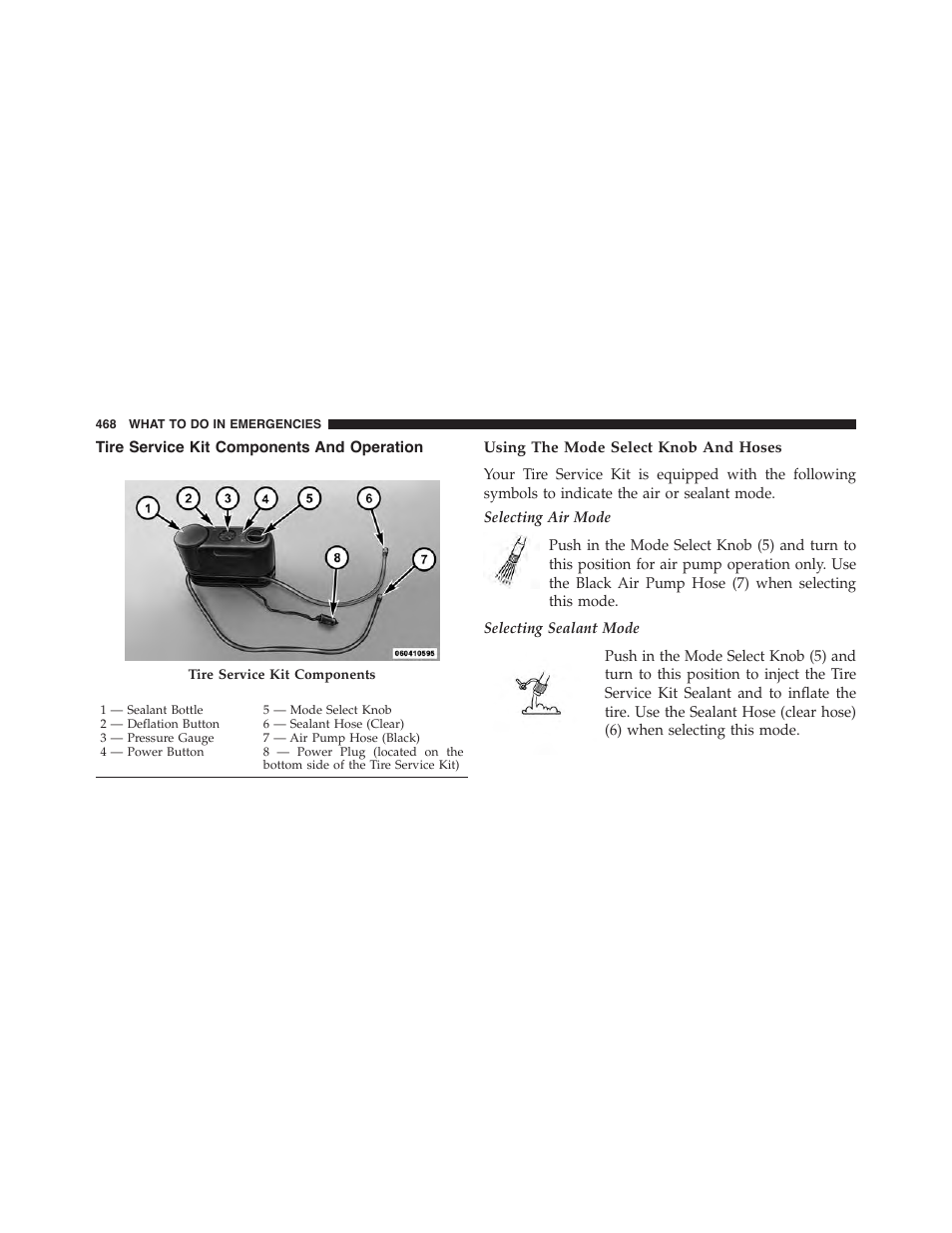 Tire service kit components and operation, Using the mode select knob and hoses | Dodge 2015 Charger-SRT - Owner Manual User Manual | Page 470 / 595