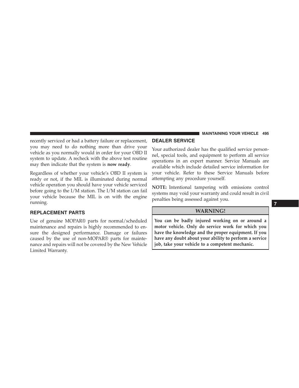 Replacement parts, Dealer service | Dodge 2015 Charger-SRT - Owner Manual User Manual | Page 497 / 595