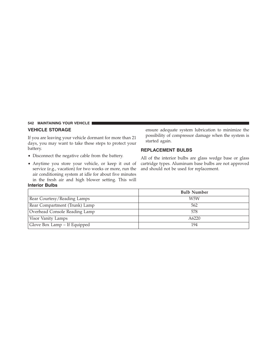 Vehicle storage, Replacement bulbs | Dodge 2015 Charger-SRT - Owner Manual User Manual | Page 544 / 595