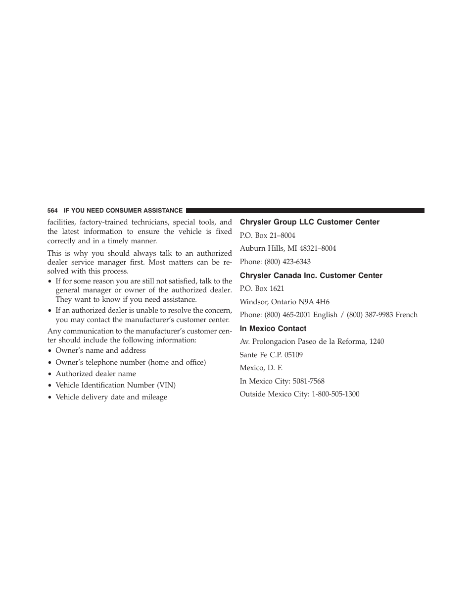 Chrysler group llc customer center, Chrysler canada inc. customer center, In mexico contact | Dodge 2015 Charger-SRT - Owner Manual User Manual | Page 566 / 595