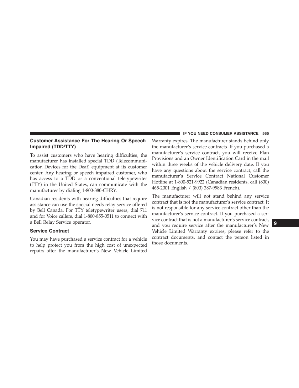 Service contract, Customer assistance for the hearing or speech, Impaired (tdd/tty) | Dodge 2015 Charger-SRT - Owner Manual User Manual | Page 567 / 595