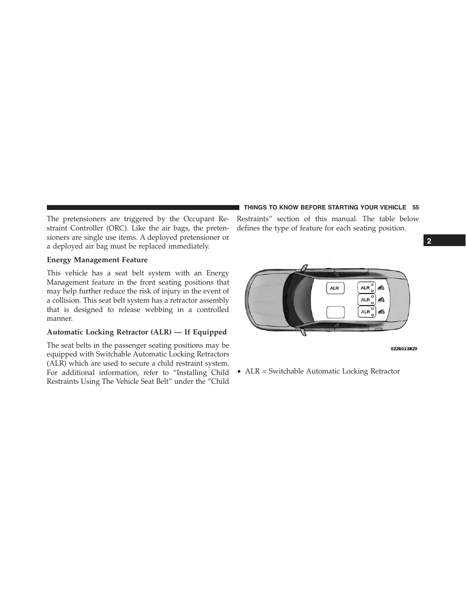 Energy management feature, Automatic locking retractor (alr) — if equipped | Dodge 2015 Charger-SRT - Owner Manual User Manual | Page 57 / 595