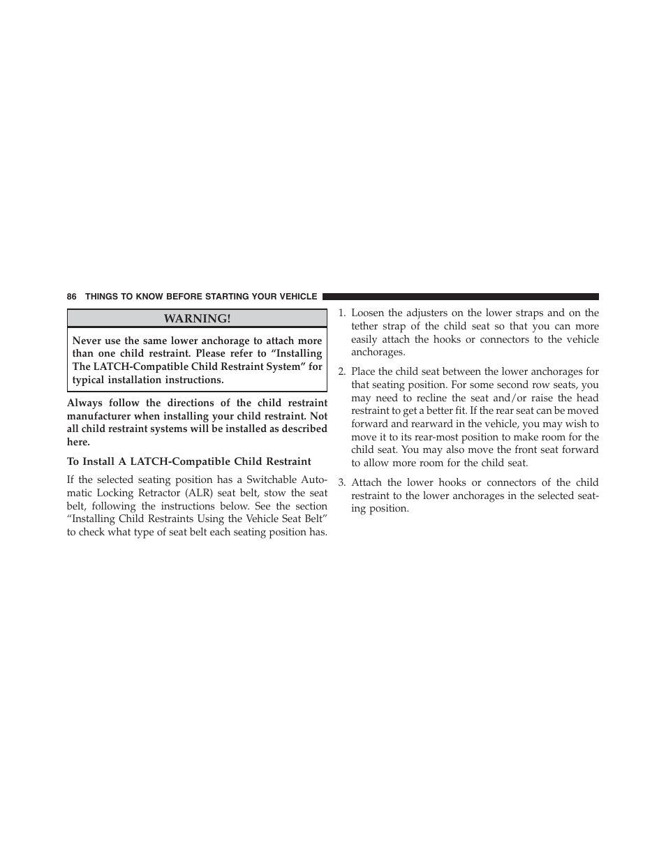 To install a latch-compatible child restraint | Dodge 2015 Charger-SRT - Owner Manual User Manual | Page 88 / 595