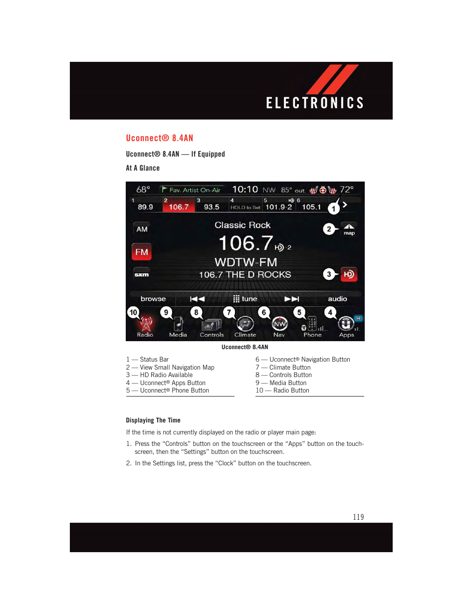 Uconnect® 8.4an, Uconnect® 8.4an — if equipped, At a glance | Uconnect | Dodge 2015 Charger-SRT - User Guide User Manual | Page 121 / 244