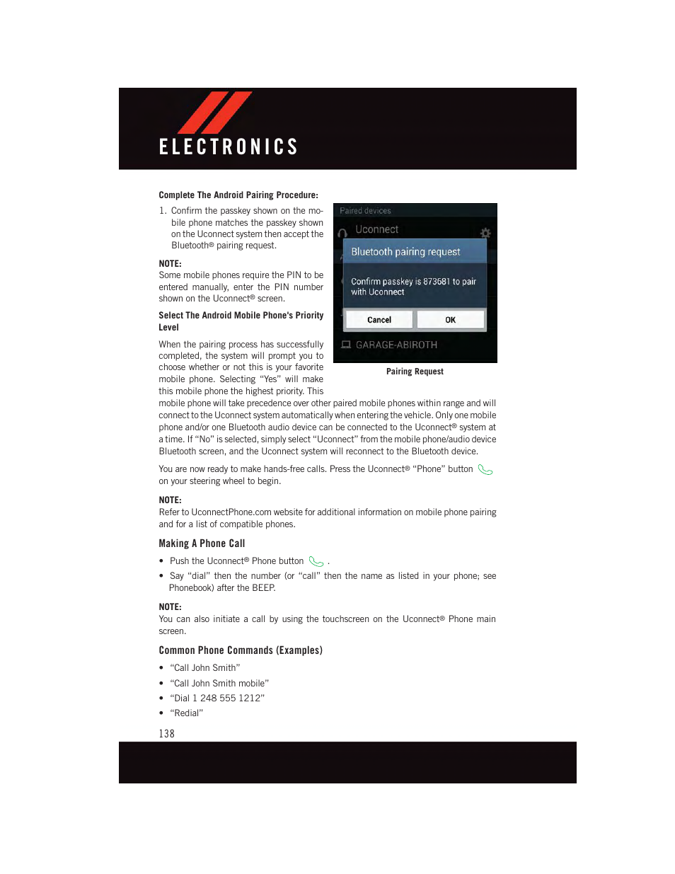 Making a phone call, Common phone commands (examples) | Dodge 2015 Charger-SRT - User Guide User Manual | Page 140 / 244