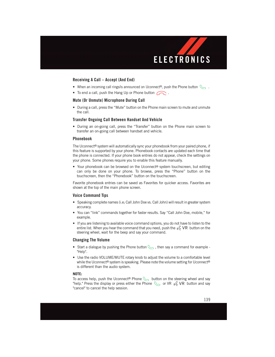 Receiving a call – accept (and end), Mute (or unmute) microphone during call, Transfer ongoing call between handset and vehicle | Phonebook, Voice command tips, Changing the volume | Dodge 2015 Charger-SRT - User Guide User Manual | Page 141 / 244