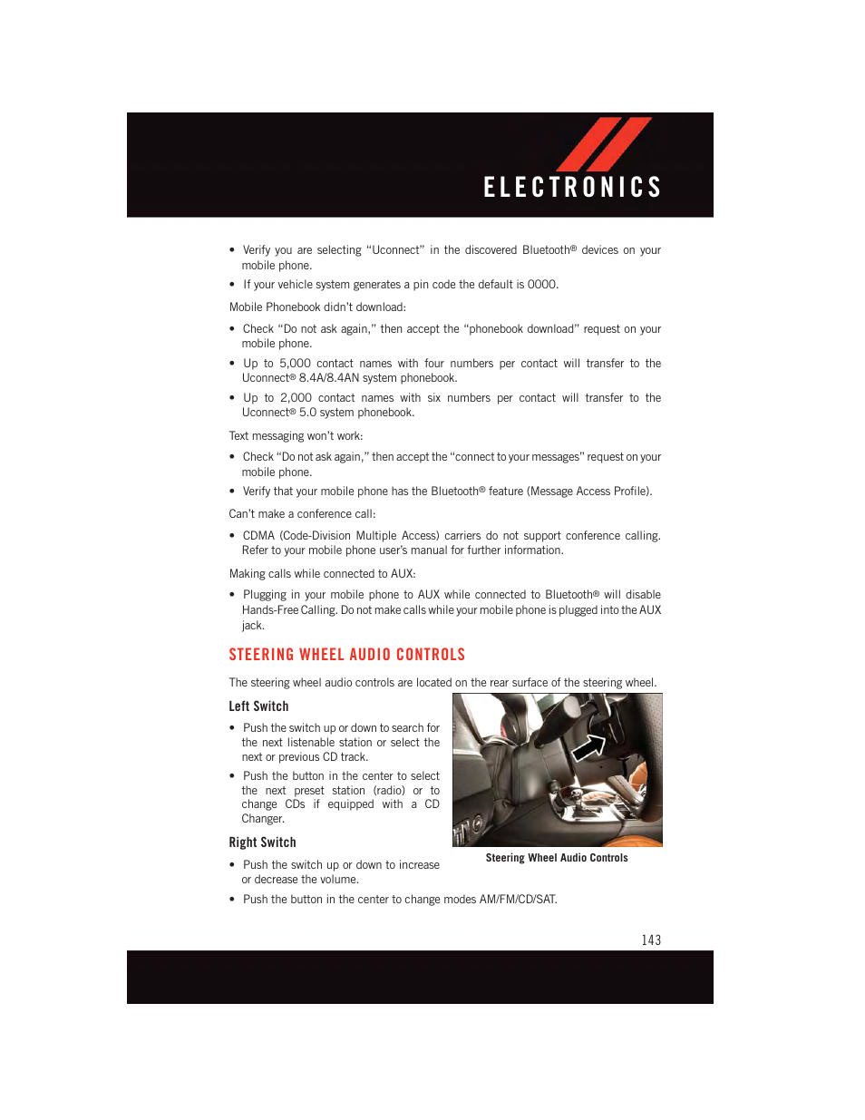 Steering wheel audio controls, Left switch, Right switch | Dodge 2015 Charger-SRT - User Guide User Manual | Page 145 / 244