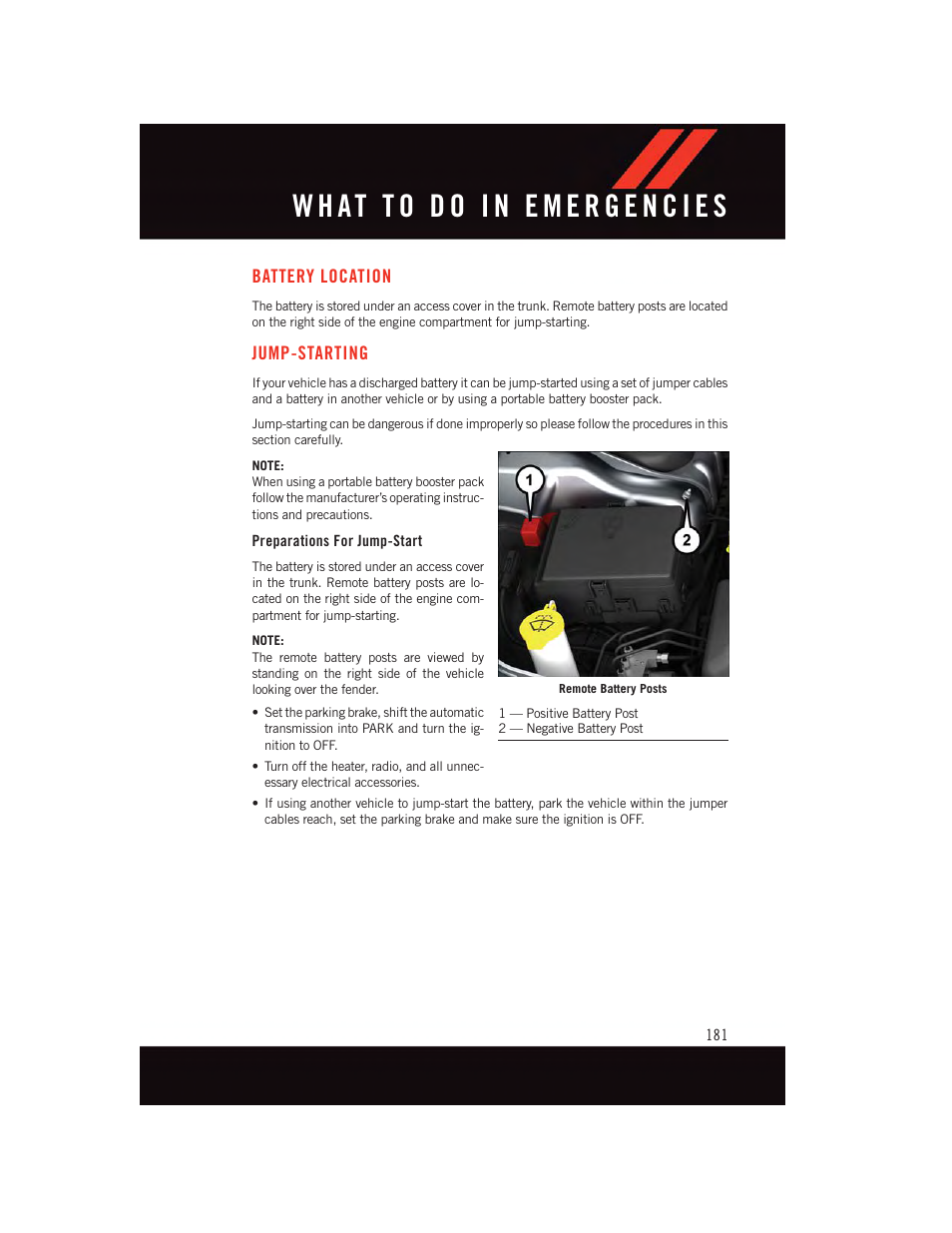 Battery location, Jump-starting, Preparations for jump-start | Dodge 2015 Charger-SRT - User Guide User Manual | Page 183 / 244