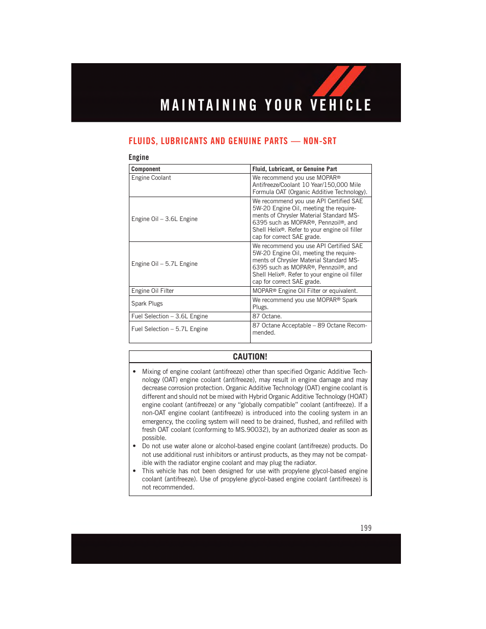 Fluids, lubricants and genuine parts — non-srt, Engine, Fluids, lubricants and genuine | Parts — non-srt, Caution | Dodge 2015 Charger-SRT - User Guide User Manual | Page 201 / 244
