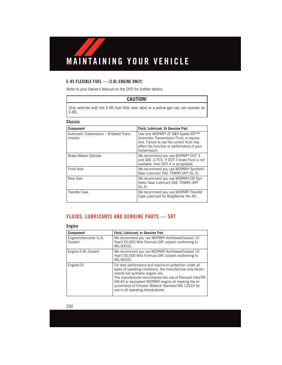 E-85 flexible fuel — (3.6l engine only), Chassis, Fluids, lubricants and genuine parts — srt | Engine, Fluids, lubricants and genuine, Parts — srt, Caution | Dodge 2015 Charger-SRT - User Guide User Manual | Page 202 / 244