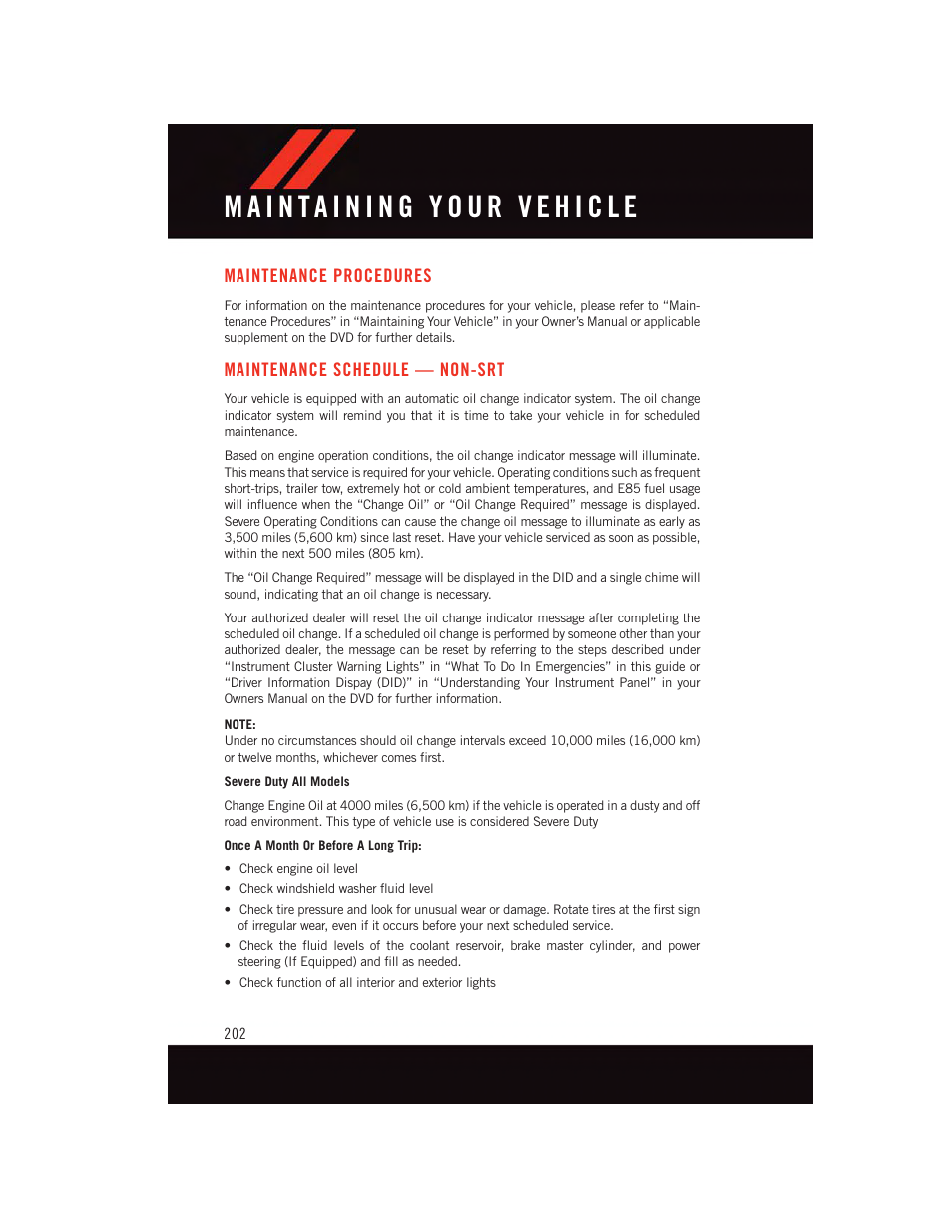 Maintenance procedures, Maintenance schedule — non-srt, Maintenance schedule | Non-srt | Dodge 2015 Charger-SRT - User Guide User Manual | Page 204 / 244
