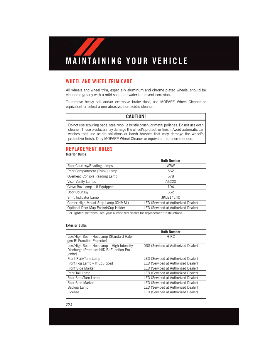 Wheel and wheel trim care, Replacement bulbs, Caution | Dodge 2015 Charger-SRT - User Guide User Manual | Page 226 / 244