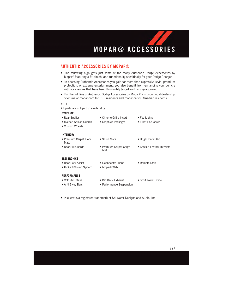Mopar® accessories, Authentic accessories by mopar, Authentic accessories by | Mopar | Dodge 2015 Charger-SRT - User Guide User Manual | Page 229 / 244