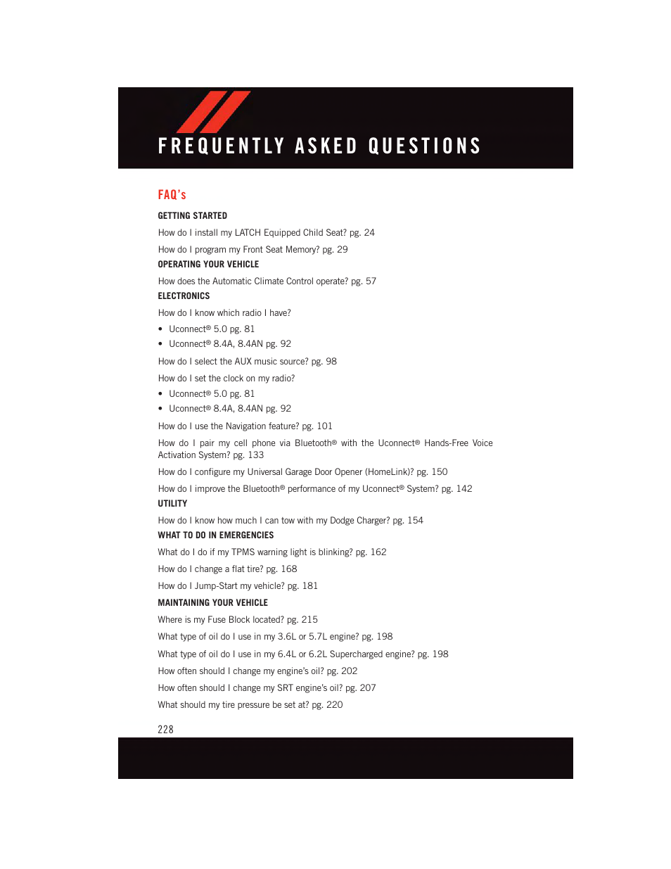 Faq’s, Frequently asked questions | Dodge 2015 Charger-SRT - User Guide User Manual | Page 230 / 244