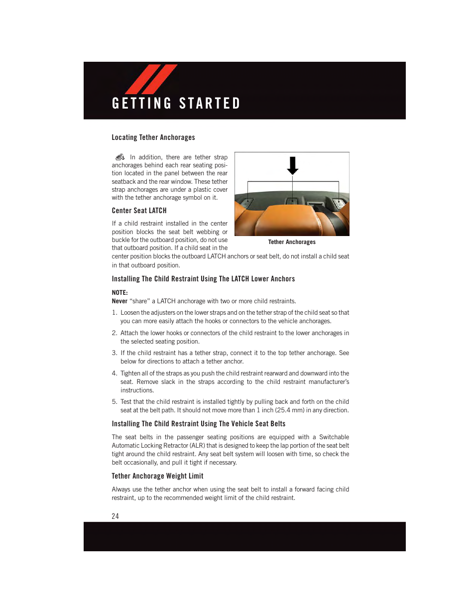 Locating tether anchorages, Center seat latch, Tether anchorage weight limit | Dodge 2015 Charger-SRT - User Guide User Manual | Page 26 / 244