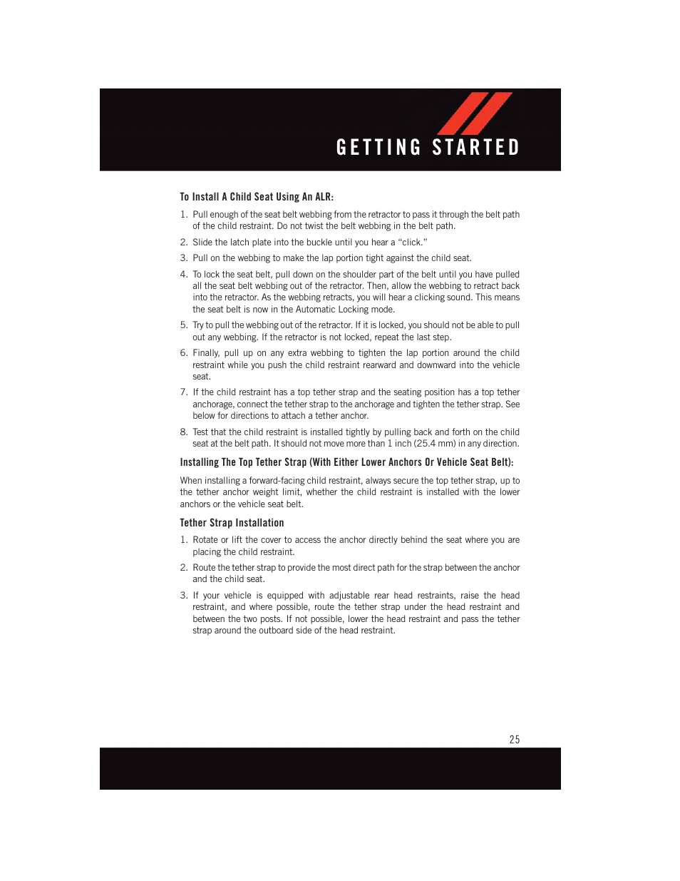 To install a child seat using an alr, Tether strap installation | Dodge 2015 Charger-SRT - User Guide User Manual | Page 27 / 244