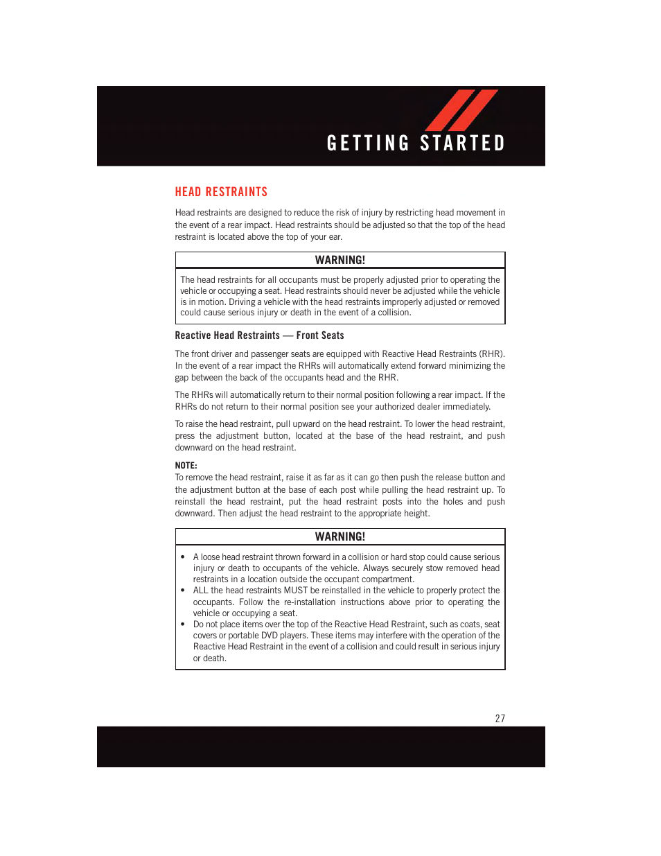 Head restraints, Reactive head restraints — front seats | Dodge 2015 Charger-SRT - User Guide User Manual | Page 29 / 244