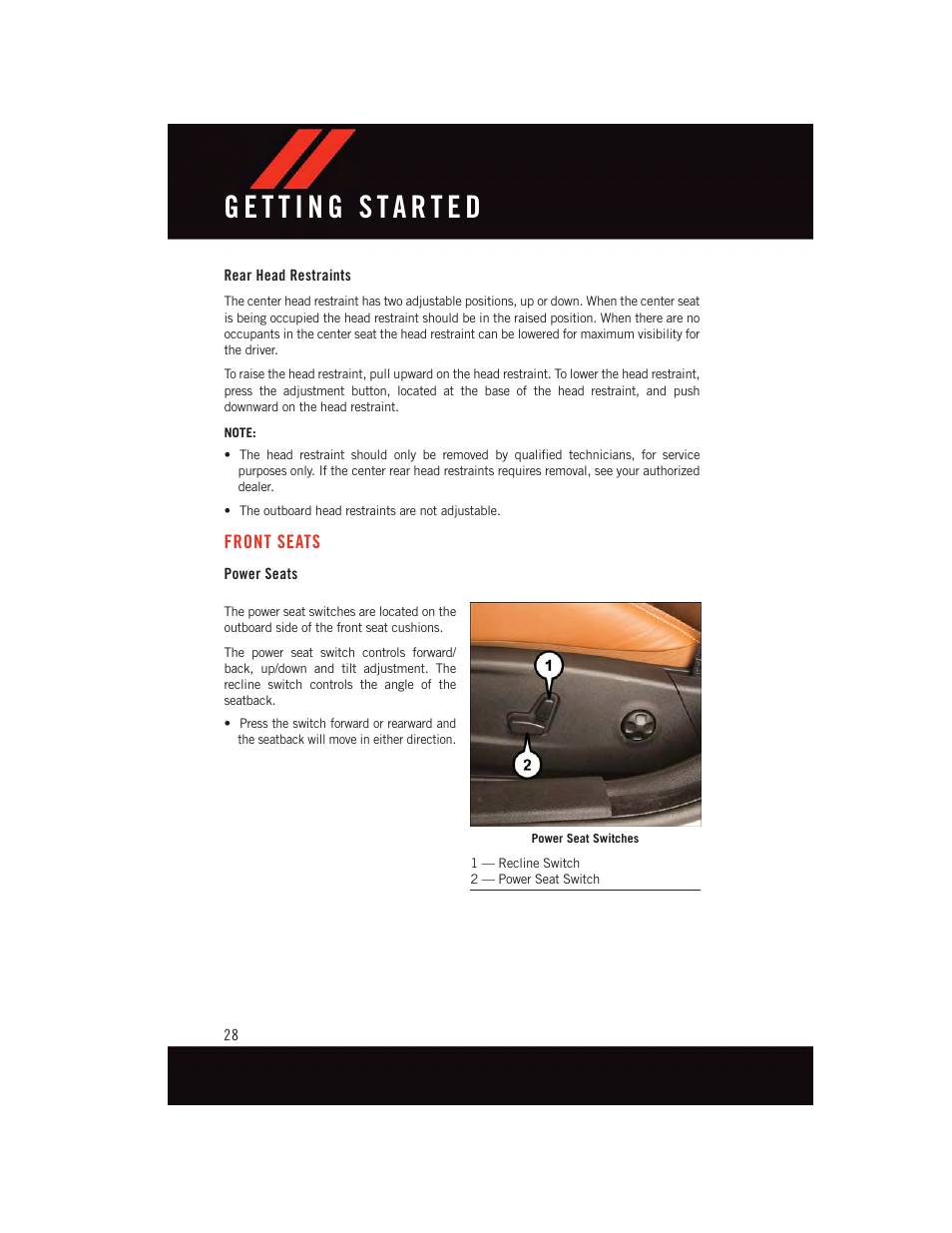 Rear head restraints, Front seats, Power seats | Dodge 2015 Charger-SRT - User Guide User Manual | Page 30 / 244