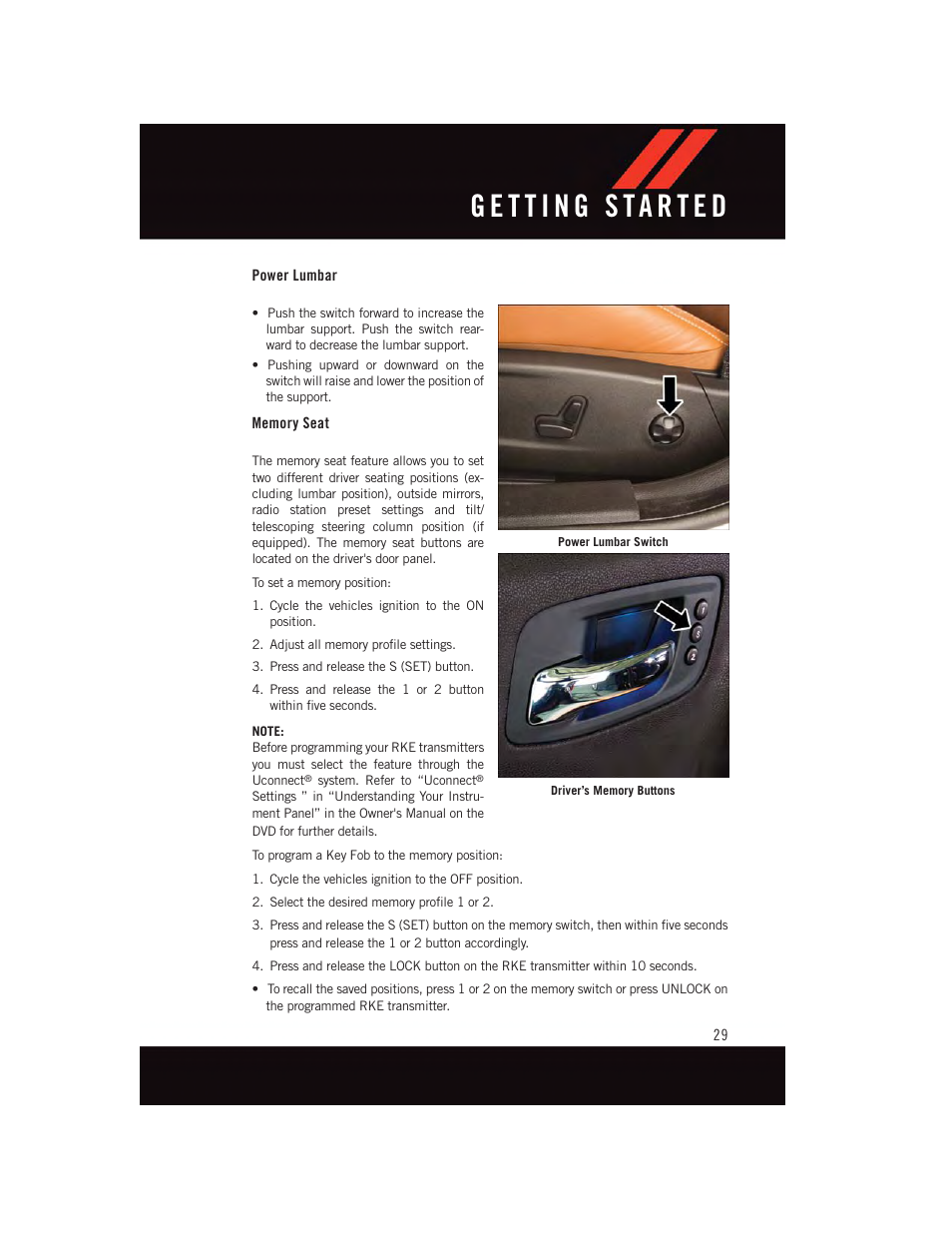 Power lumbar, Memory seat | Dodge 2015 Charger-SRT - User Guide User Manual | Page 31 / 244