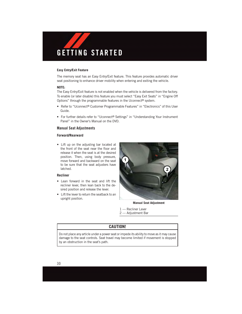 Manual seat adjustments, Caution | Dodge 2015 Charger-SRT - User Guide User Manual | Page 32 / 244