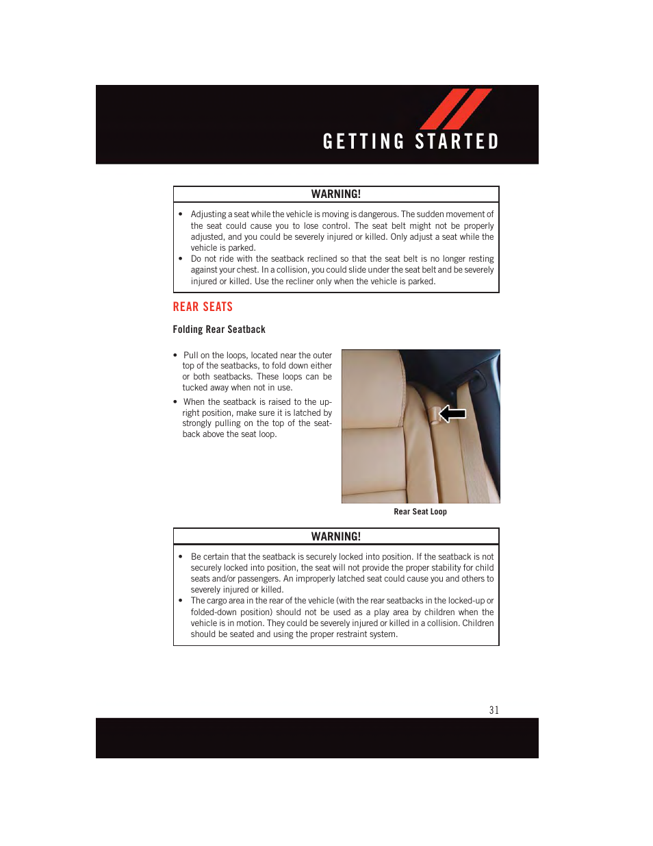 Rear seats, Folding rear seatback | Dodge 2015 Charger-SRT - User Guide User Manual | Page 33 / 244