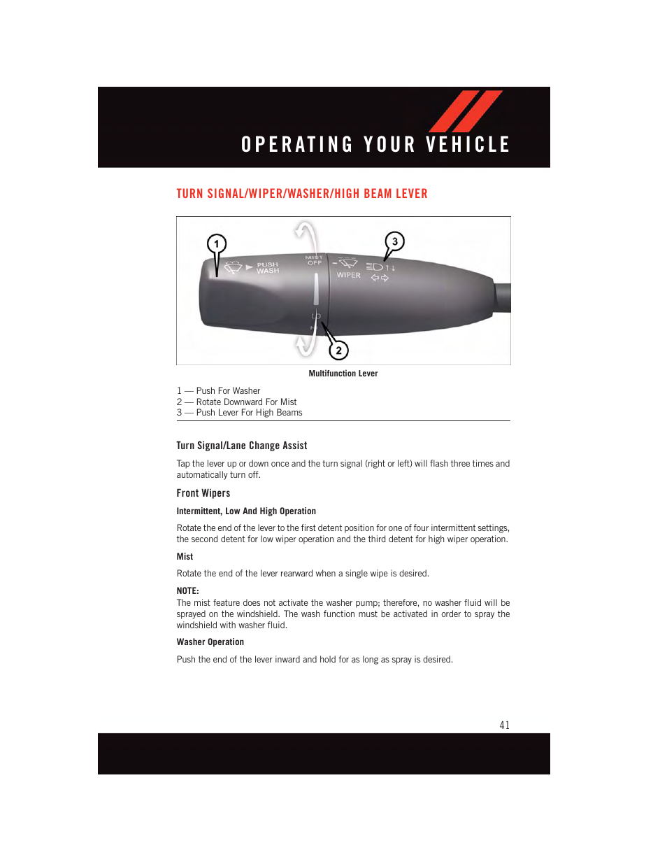 Turn signal/wiper/washer/high beam lever, Turn signal/lane change assist, Front wipers | Turn signal/wiper/washer/high, Beam lever | Dodge 2015 Charger-SRT - User Guide User Manual | Page 43 / 244