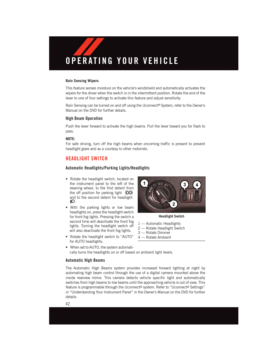 High beam operation, Headlight switch, Automatic headlights/parking lights/headlights | Automatic high beams | Dodge 2015 Charger-SRT - User Guide User Manual | Page 44 / 244