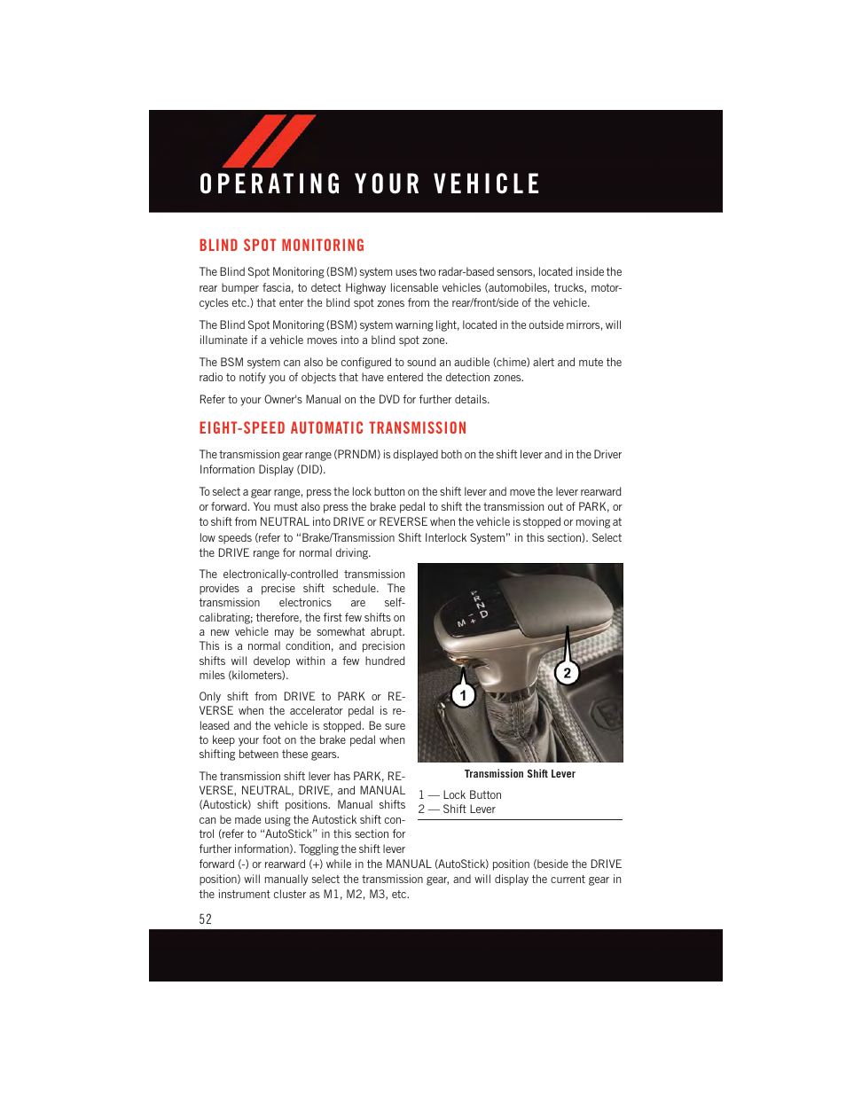 Blind spot monitoring, Eight-speed automatic transmission, Eight-speed automatic | Transmission | Dodge 2015 Charger-SRT - User Guide User Manual | Page 54 / 244